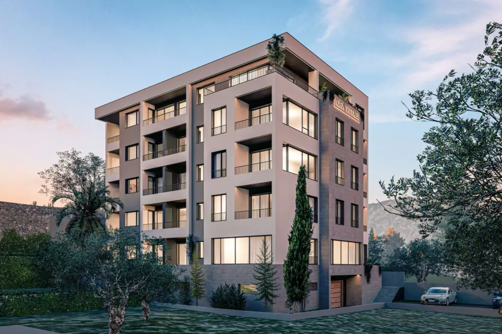 Aura Budva Dubovica Lux — stanovi Budva, Crna Gora, render zgrade u zelenilu