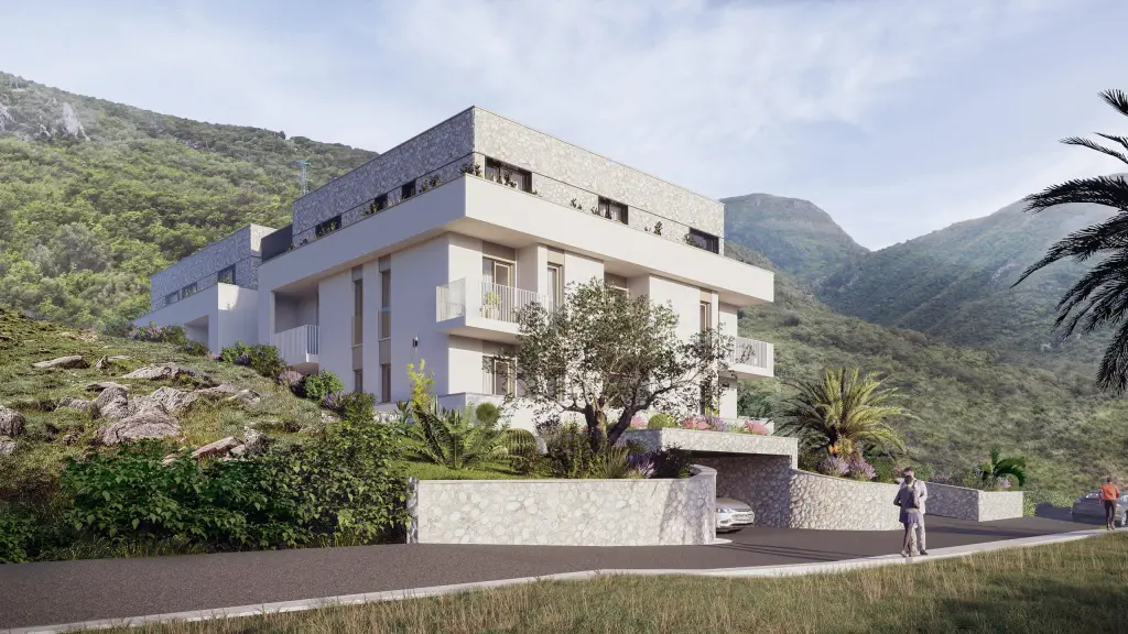 Aura Lastva Lux Complex — stanovi u Lastvi Grbaljskoj, Crna Gora, render zgrade u zelenilu