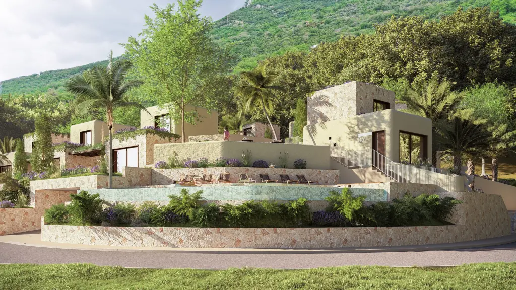 Aura Lastva Luxury Villas — render naselja vila u zelenilu, Lastva Grbaljska