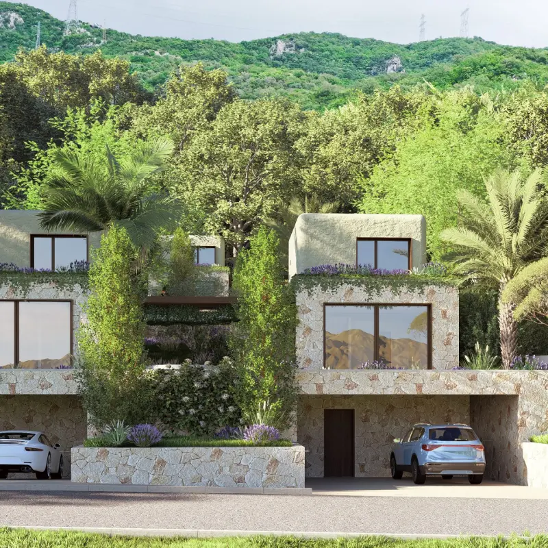 Aura Lastva Luxury Villas — render vila na dva nivoa sa kamenim zidovima, Lastva Grbaljska, Crna Gora