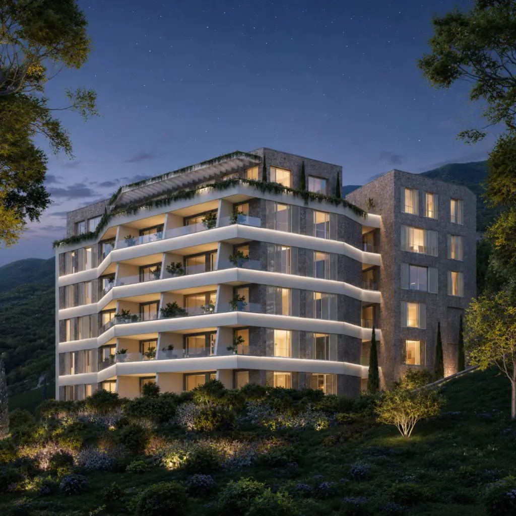 Aura New — stanovi Rafailovići, Crna Gora, render u sumrak