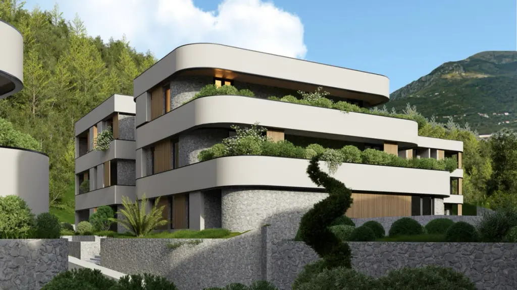 Aura Premium Complex — stanovi u Lastvi Grbaljskoj, Crna Gora, render zgrade sa zelenim krovom