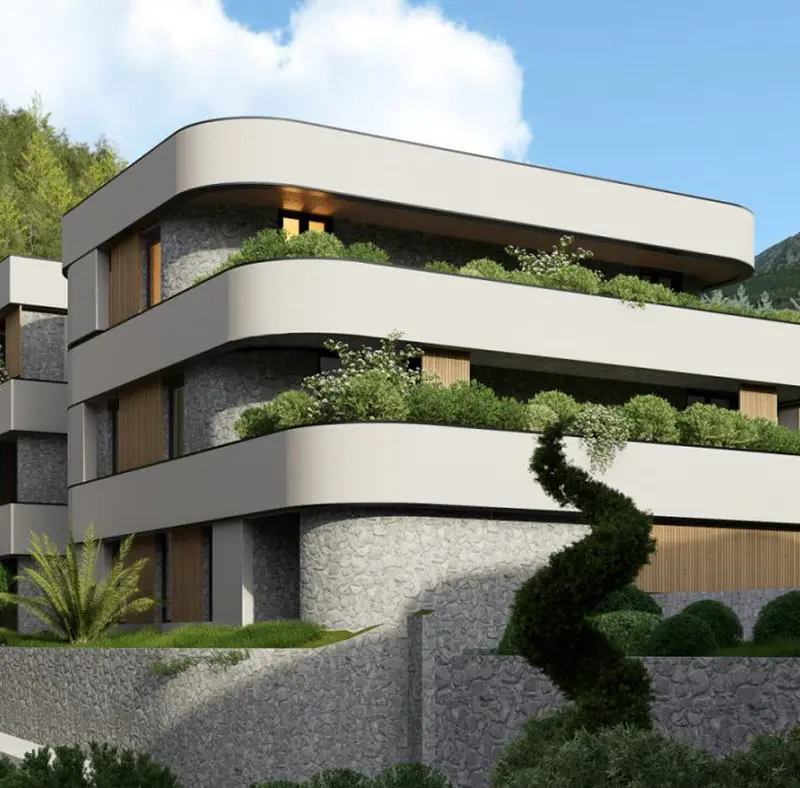 Aura Premium Complex — stanovi u Lastvi Grbaljskoj, Crna Gora, render zgrade sa zelenim krovom